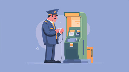 A uniformed person interacts with a machine, possibly a ticket dispenser
