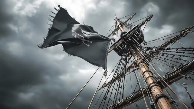 Pirate Flag Waving on Ship Mast Against Stormy Sky