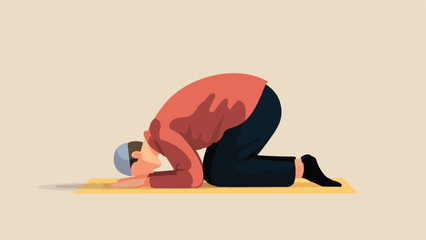 A person in prayer pose on a mat, wearing a cap and modest attire