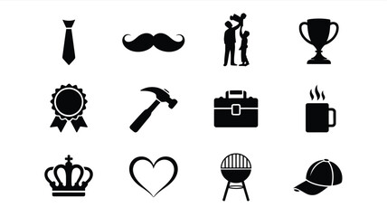 A sophisticated collection of father's day icons and symbols including tie mustache family trophy medal hammer briefcase coffee crown heart grill and cap on white background for greeting © Shovon