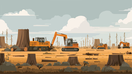 Construction vehicles clear a deforested area with large tree stumps and logs scattered