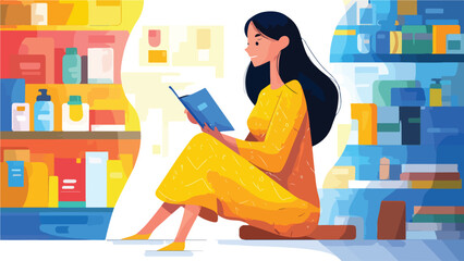 Flat illustration of a woman reading a book in front of colorful shelves filled with products