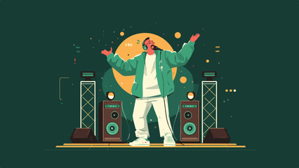 A performer in a green jacket, white pants, and headphones sings into a microphone on stage