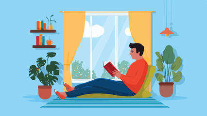 A person relaxes indoors reading a book by a window with plants