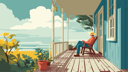 Person in a hat relaxes on a porch overlooking a bright, stylized landscape