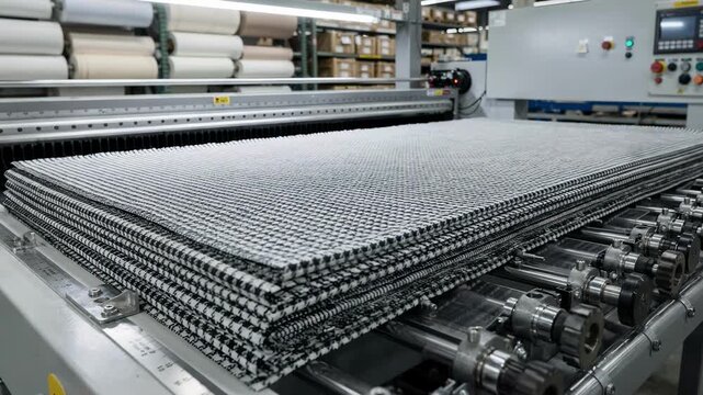 Medium shot of an industrial fabric cutting station with layered houndstooth fabric ready for precise slicing showcasing sharp cutting tools and organized workspace.