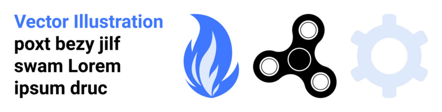 Energy, recreation, mechanical engineering, innovation, design ideas, creativity. Image features a flame, a fidget spinner and a gear cog. Energy and recreation concept