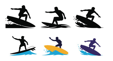 Surfers riding waves in dynamic poses a striking silhouette © MALA