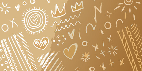 Abstract doodle pattern with crowns hearts and geometric shapes