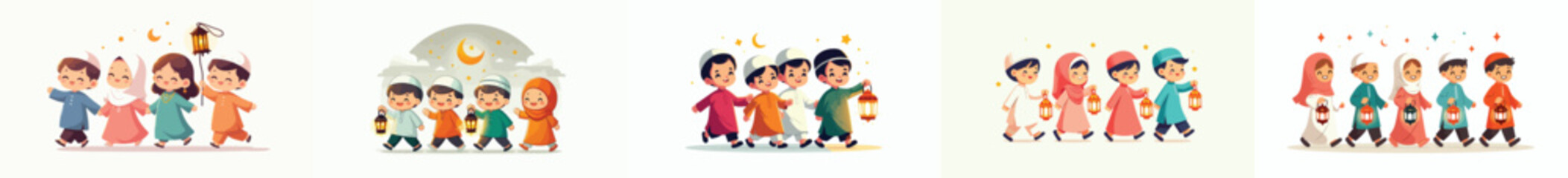 Fototapeta premium vector of muslim children walking happily holding ramadan lanterns