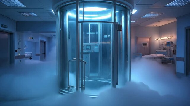 Ultra HD Futuristic cryotherapy chamber in a modern hospital corridor with blue light and mysterious mist video