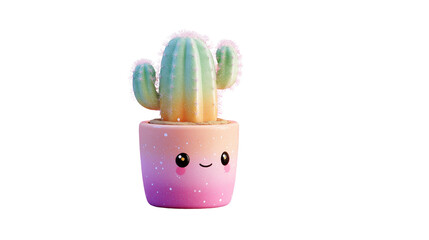 Smiling pastel cactus in tiny pot with sparkles, soft gradient background, kawaii viral aesthetic