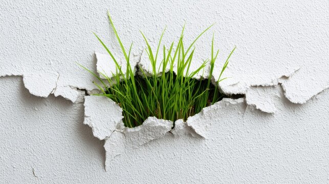 Single Blade of Grass Grows Through White Plaster Surface Symbolizing Resilience and the Struggle of Life Breaking Through Barriers