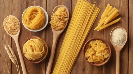Various Types of Pasta Arranged on Wooden Table with Natural Textures and Warm Colors