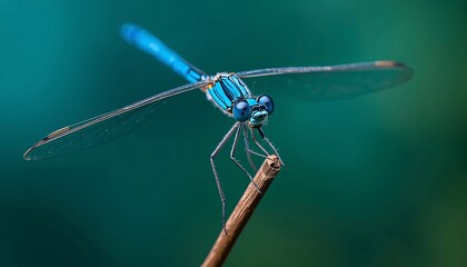 Ultra Macro Blue Damselfly with Teal Natural Bokeh Background