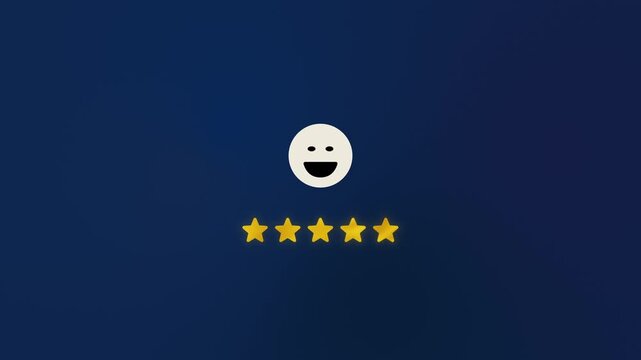 Animated transition from poor customer assessment emoji to excellent 5-star user rating, glowing gold review symbols on dark blue background, positive feedback and superior quality, Copy space
