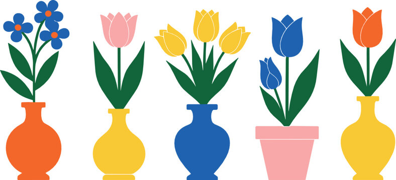 Colorful flowers in decorative vases set with tulips and spring blooms illustrated in cheerful modern flat vector style for home decor design