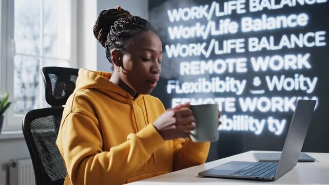 Remote work setup shows woman working on laptop while maintaining work life balance in cozy room
