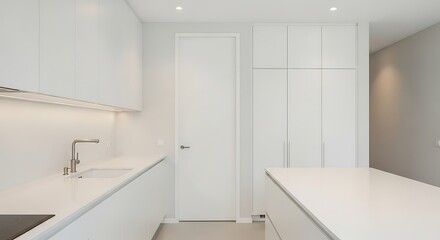 Minimalist white kitchen with integrated cabinets and island.