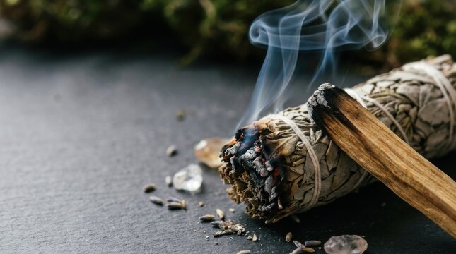 Smoke Rising from a Burning Sage Stick with Crystals and Natural Elements on a Dark Surface for Spiritual Practices