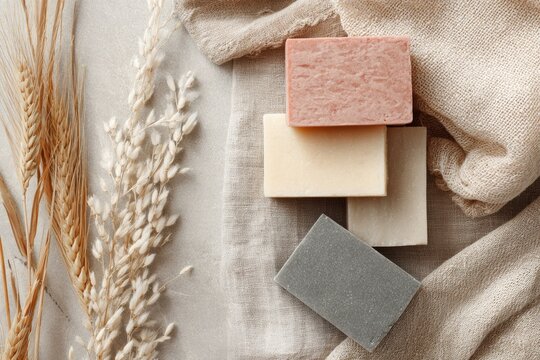 Natural soap bars arranged aesthetically on soft fabric with dri