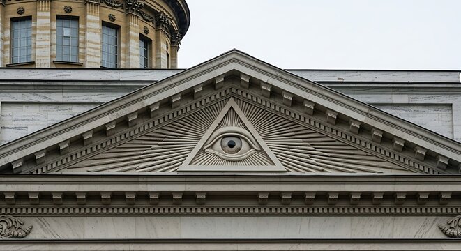 Architectural relief features an all-seeing eye within a triangle.