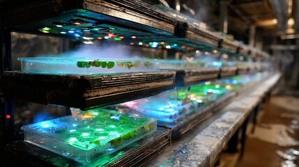Obraz premium Automated vertical mushroom farm with glowing humidity sensors and misting systems dark moody industrial lighting