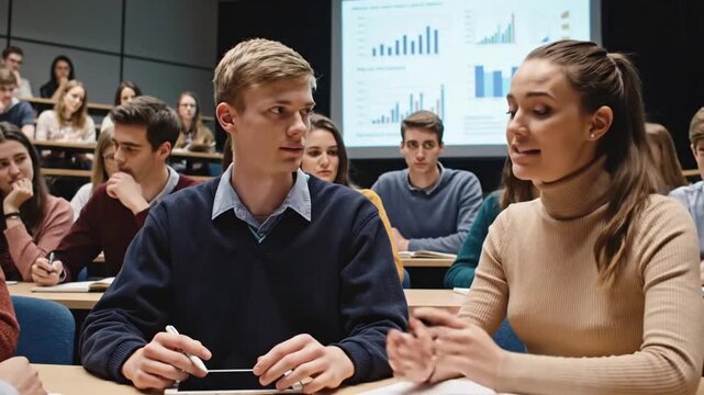 Students in classroom discuss project and analyze data on screen during lecture in university setting