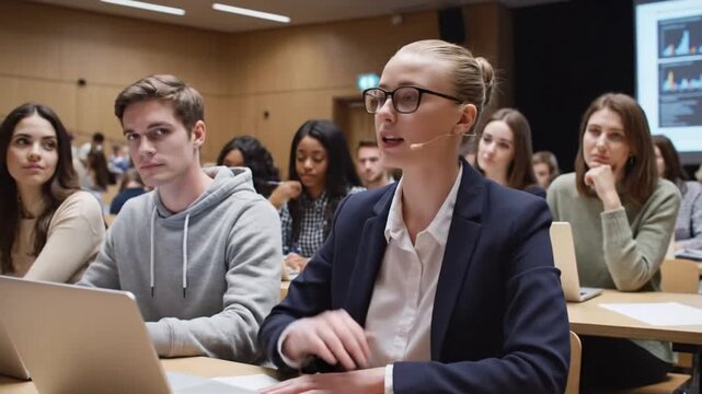 Business students engage in group discussion at university during class session on market analysis and data presentation in modern classroom