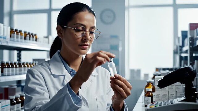 Smiling female pharmacist reads label on medicine bottle. Happy woman pharmacist holds medicine bottle in pharmacy. Professional pharmacist checks medicine bottle. Woman works in local pharmacy store.