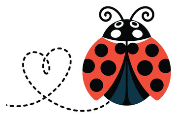 Fototapeta premium Ladybug insect leaving heart shaped dotted flight path isolated on transparent background simple graphic design element