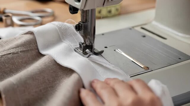 Closeup of a tailor sewing a fusible waistband interfacing to fabric ensuring smooth adhesion and neat structure for a polished garment finish.