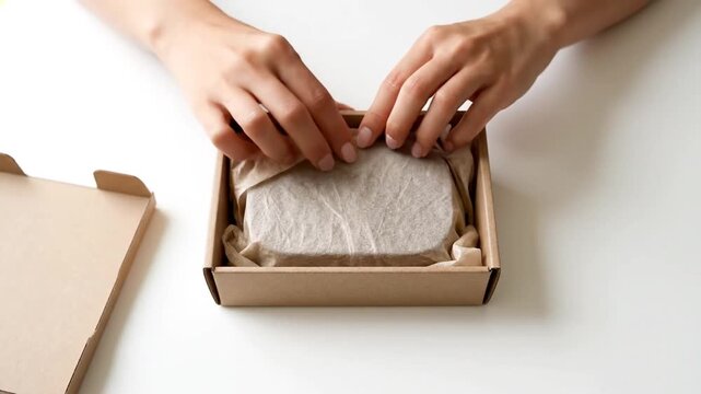 Hands meticulously unbox a craft-paper package. A small, wrapped item is revealed inside a brown cardboard shipping box on a white surface, emphasizing careful handling and presentation.