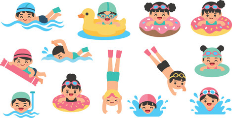 Cute children swimming and playing in pool with float rings and goggles illustration representing summer fun and water activities in flat vector style