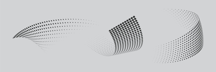 Set of dotted curved abstract shapes. Dotted pattern in halftone theme. Curved and twisted abstract gradients. Vector design element in black and white color.