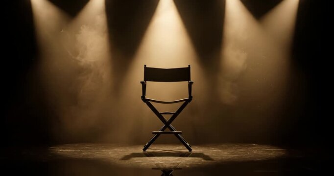 Empty director chair under bright spotlight with smoke in dark studio
