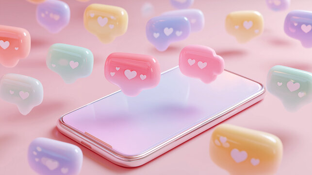 Pastel aesthetic smartphone with floating chat bubbles and tiny hearts, soft glow effect