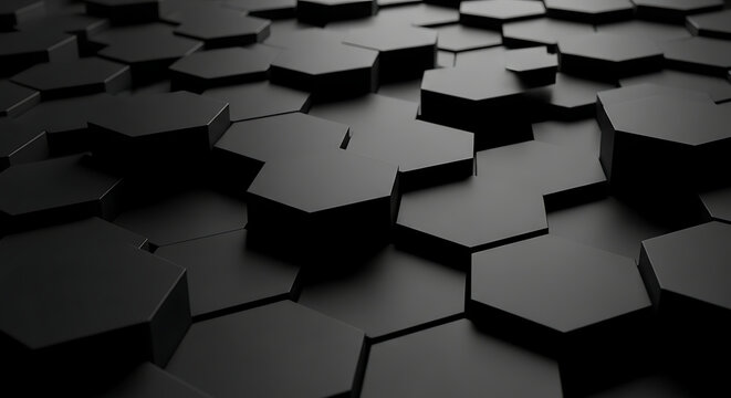 black hexagonal 3d geometric pattern with varying heights and soft shadows forming a minimalist abstract digital background for tech.