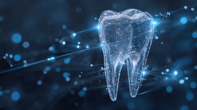 Futuristic digital hologram of a tooth made of blue light particles and data lines, symbolizing advanced dental imaging, diagnostics, and dental technology.