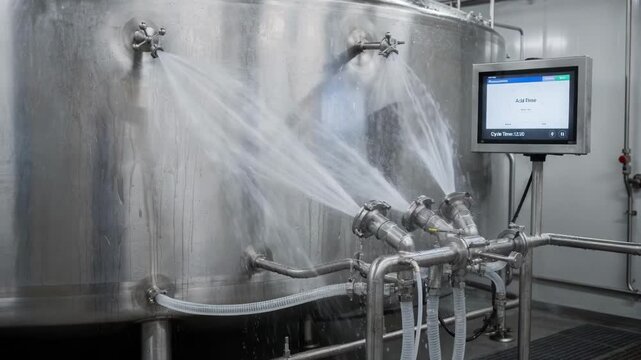 Medium shot focusing on acid rinse phase of CIP cleaning system with fixed spray balls spraying tanks highlighting corrosion control and precision in programmable cleaning cycles.