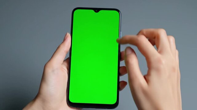 Holding a smartphone with a green screen for testing purposes in a simple indoor setting