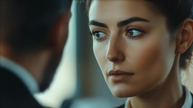 Woman in formal setting, listening attentively with slightly confused or puzzled look.