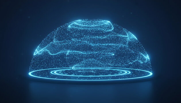 A futuristic blue energy shield or dome composed of glowing particles and light trails rests on a circular digital platform. The abstract structure shines against a dark background. Abstract Futuristi