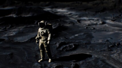 An astronaut stands on a rugged, dark lunar surface, surrounded by craters. The vastness of space twinkles with distant stars, creating a scene of adventure and discovery beyond Earth. © icetray