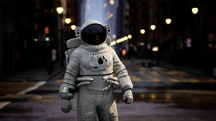 An astronaut stands on a bustling urban street, surrounded by glowing streetlights and tall buildings. The scene captures a blend of space exploration and city life, sparking imagination and wonder. © icetray
