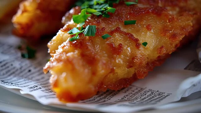 Takeaway fish and chips wrapped in newspaper with ketchup dip, classic fast food meal close-up