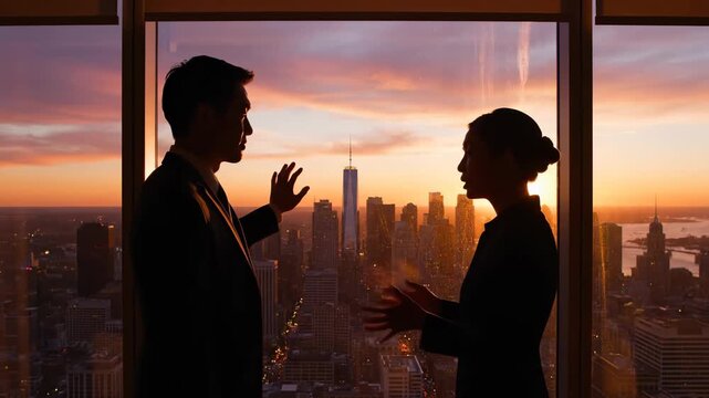 In a high-rise building, two silhouettes converse passionately as a vibrant sunset paints the sky in hues of orange and pink.