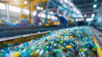 Close-up Look at Sustainable Recycling Process With Workers Using Plastic Waste on a Conveyor Belt in a Factory Setting