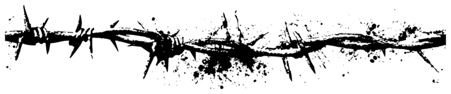 Horizontal barbed wire vector element with grunge ink drips and messy splatters
