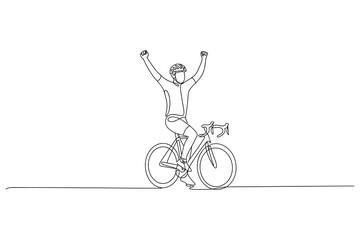 Fototapeta premium Cyclist Celebrates Victory on Bicycle Arms Raised in Triumph Minimalist Line Art Style